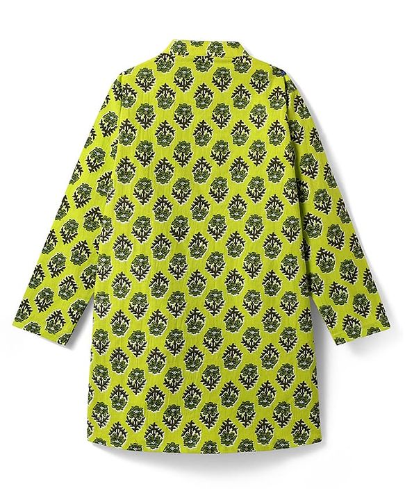 Pine Kids Cotton Woven Full Sleeves Floral Printed Kurta - Limegreen