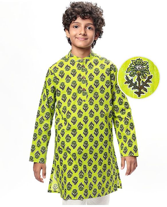 Pine Kids Cotton Woven Full Sleeves Floral Printed Kurta - Limegreen