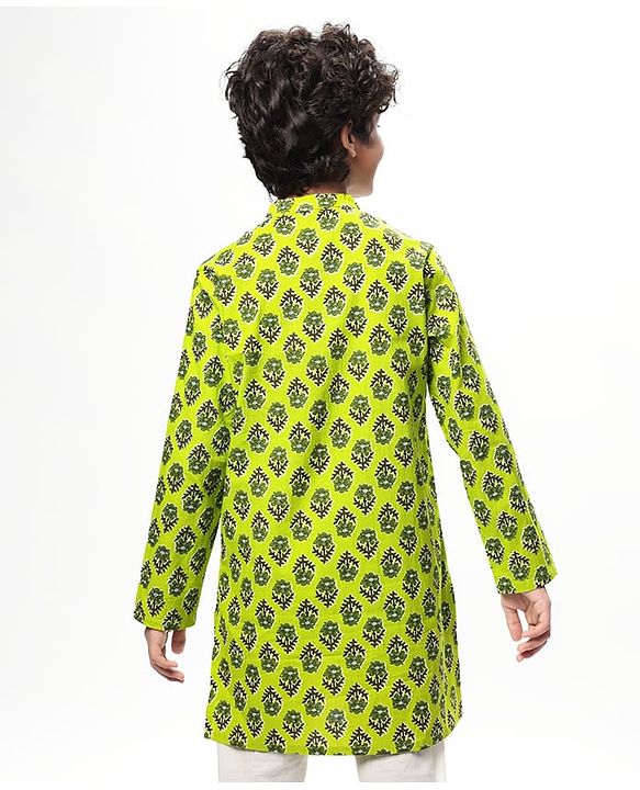 Pine Kids Cotton Woven Full Sleeves Floral Printed Kurta - Limegreen