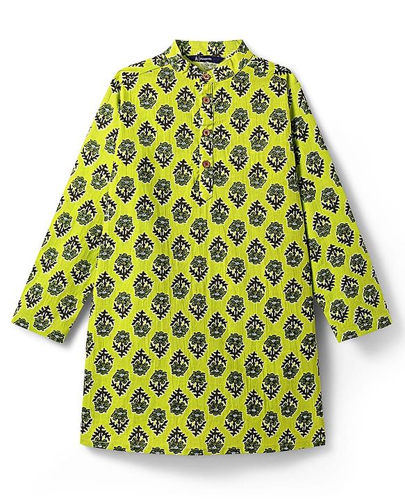 Pine Kids Cotton Woven Full Sleeves Floral Printed Kurta - Limegreen