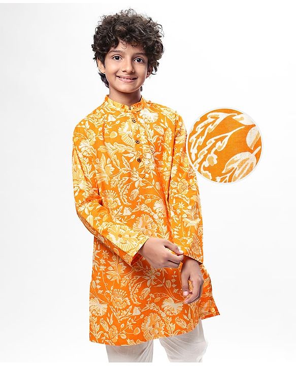 Pine Kids Cotton Woven Full Sleeves Kurta with Floral Print - Orange