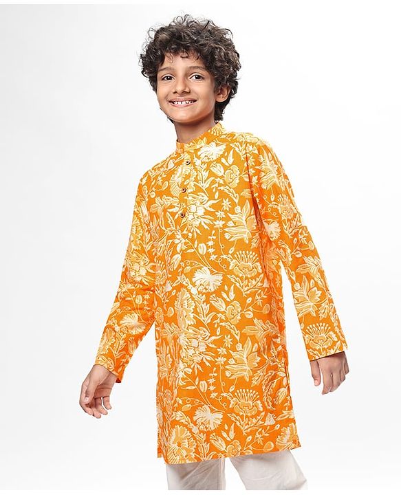 Pine Kids Cotton Woven Full Sleeves Kurta with Floral Print - Orange