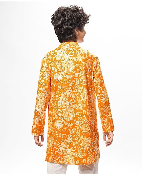 Pine Kids Cotton Woven Full Sleeves Kurta with Floral Print - Orange
