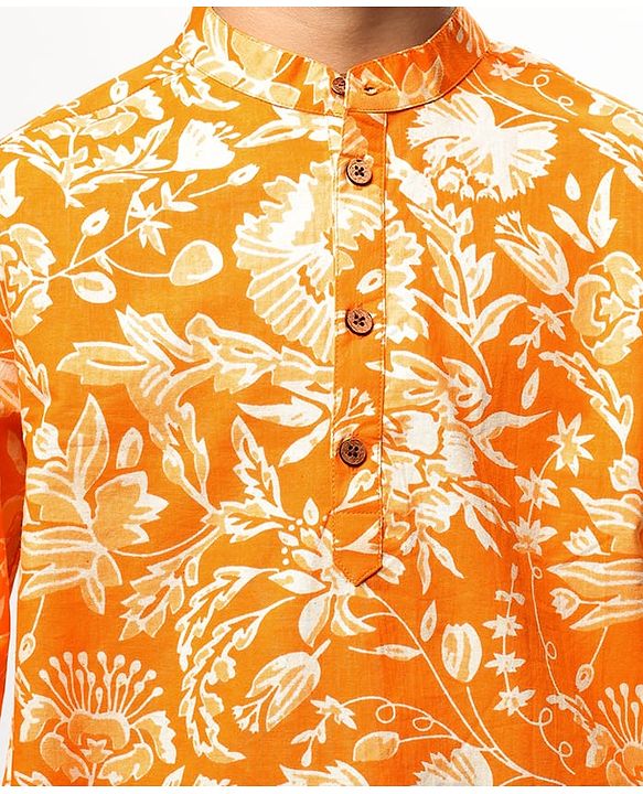 Pine Kids Cotton Woven Full Sleeves Kurta with Floral Print - Orange