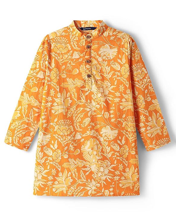 Pine Kids Cotton Woven Full Sleeves Kurta with Floral Print - Orange