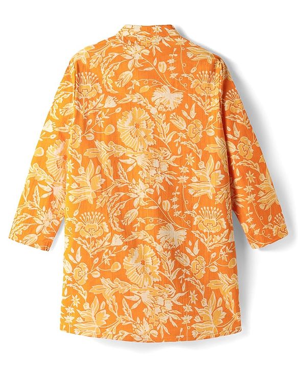 Pine Kids Cotton Woven Full Sleeves Kurta with Floral Print - Orange
