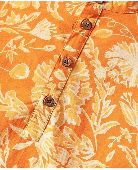Pine Kids Cotton Woven Full Sleeves Kurta with Floral Print - Orange