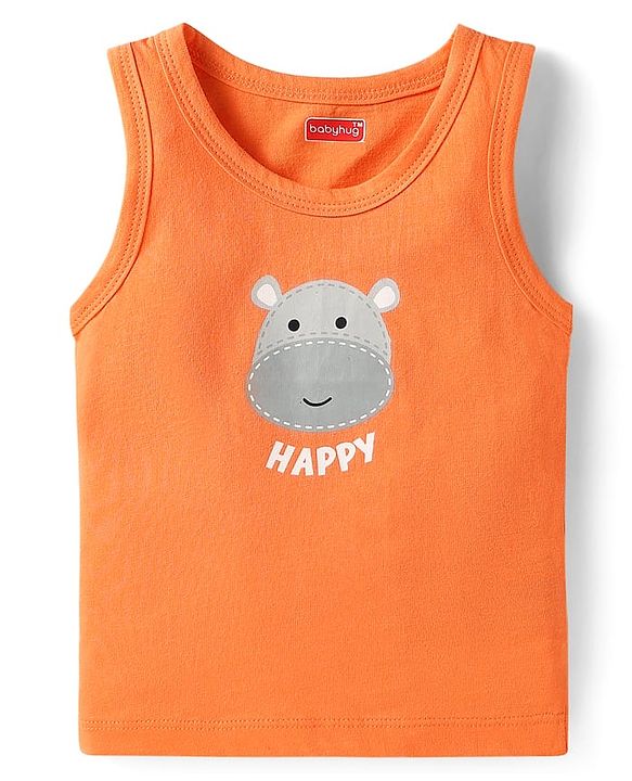 Babyhug 100% Cotton Single Jersey Knit Antibacterial Sleeveless Sandos With Animal Print Pack Of 3 - Orange Blue & Navy Blue