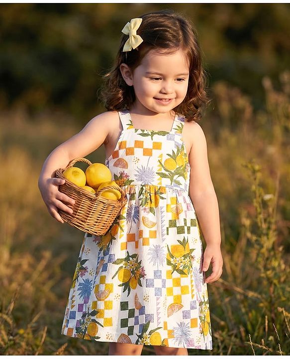 Babyhug Single Jersey Knit Sleeveless Dress With Floral & Fruit Print - White