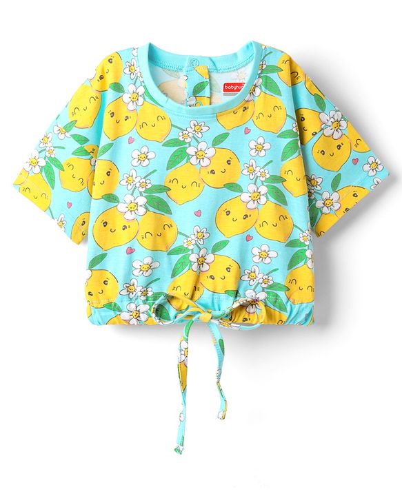 Babyhug Cotton Knit Half Sleeves Drop Shoulder T-Shirt With Tropical Print - Light Blue