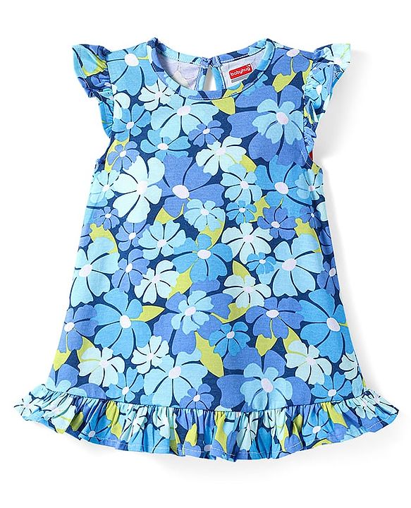 Babyhug Cotton Knit Frill Sleeves Nighty With Frill Detailing And Floral Print - Blue