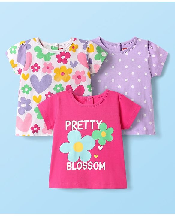 Babyhug Cotton Knit Half Sleeves T-Shirts with Floral Hearts & Polka Dots Print Pack of 3 - Pink White & Lavender