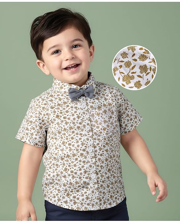 Babyhug Cotton Woven Half Sleeves Shirt With Bow Floral Print - White