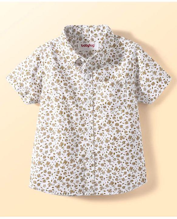 Babyhug Cotton Woven Half Sleeves Shirt With Bow Floral Print - White