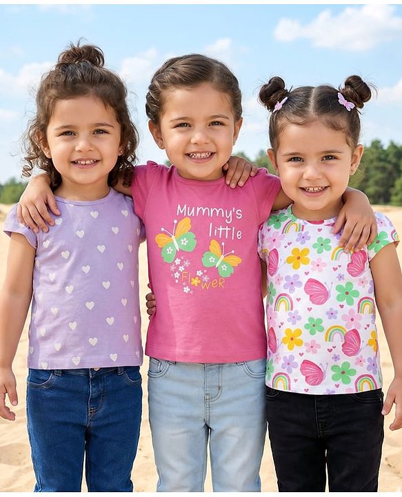 Babyhug Cotton Knit Cap Sleeves T-Shirts with Hearts & Butterfly Print Pack of 3 - Pink Lavender & White