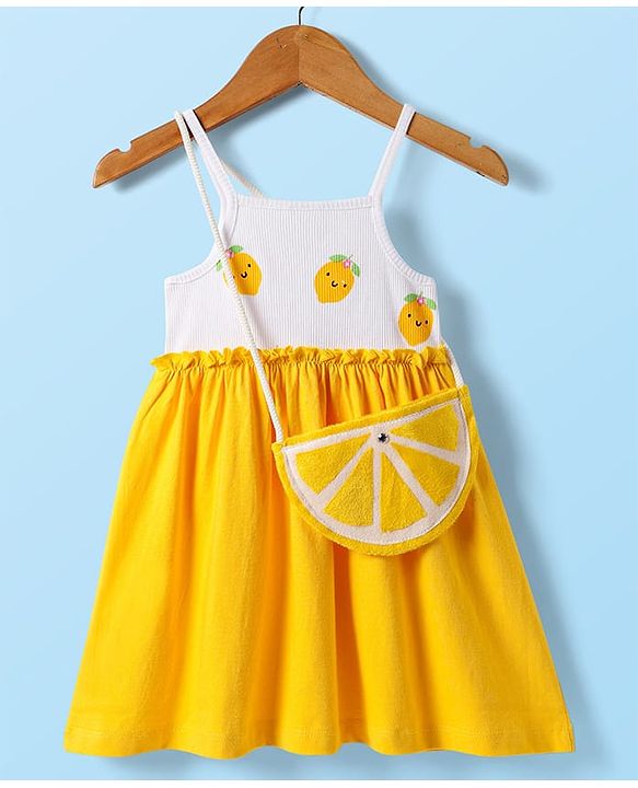 Babyhug Single Jersey Knit Sleeveless Frock with Sling Bag & Lemon Print - Yellow & White