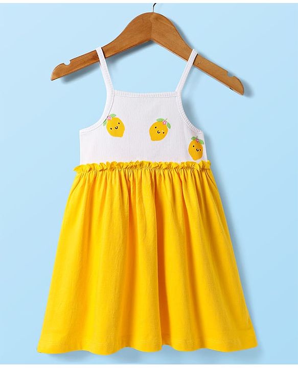 Babyhug Single Jersey Knit Sleeveless Frock with Sling Bag & Lemon Print - Yellow & White