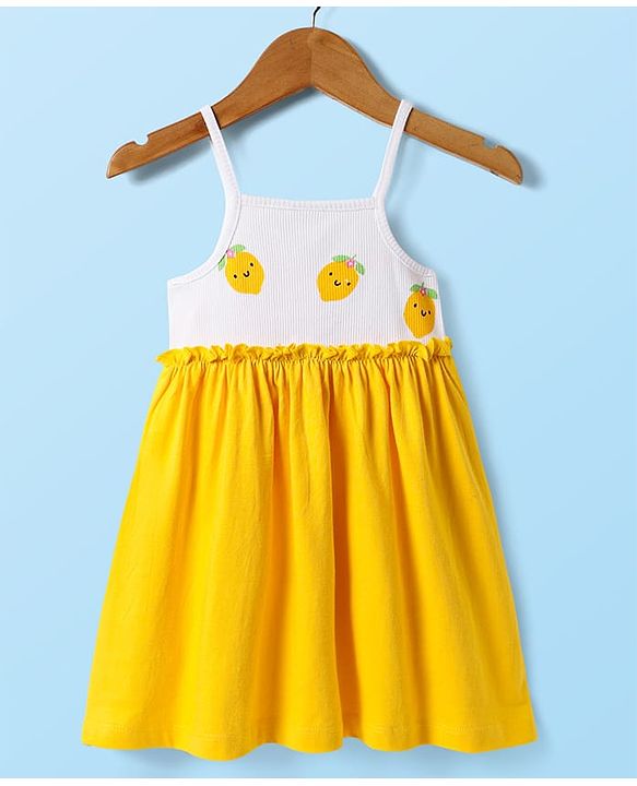 Babyhug Single Jersey Knit Sleeveless Frock with Sling Bag & Lemon Print - Yellow & White