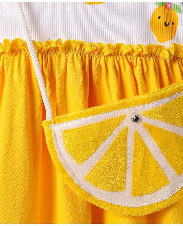 Babyhug Single Jersey Knit Sleeveless Frock with Sling Bag & Lemon Print - Yellow & White