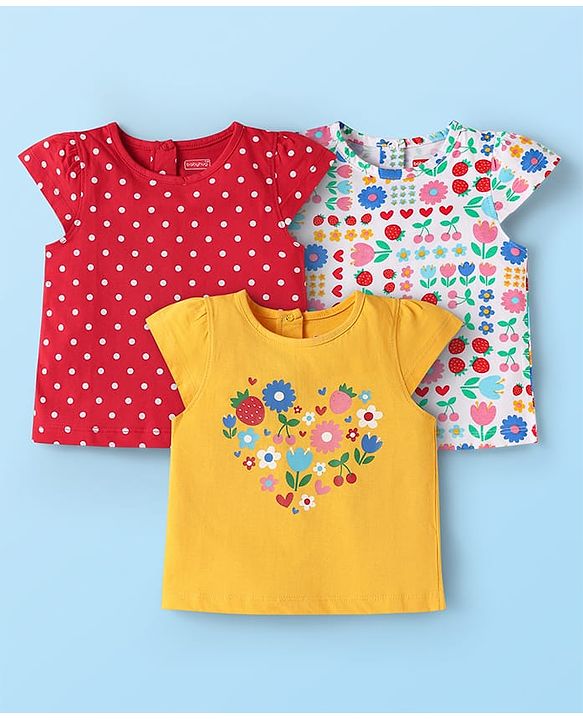 Babyhug Cotton Knit Cap Sleeves T-Shirts with Floral Print Pack of 3 - Red Yellow & White