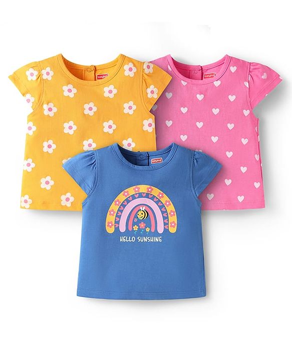 Babyhug Cotton Knit Cap Sleeves T-Shirts with Floral Hearts & Rainbow Print Pack of 3 - Yellow Blue & Pink