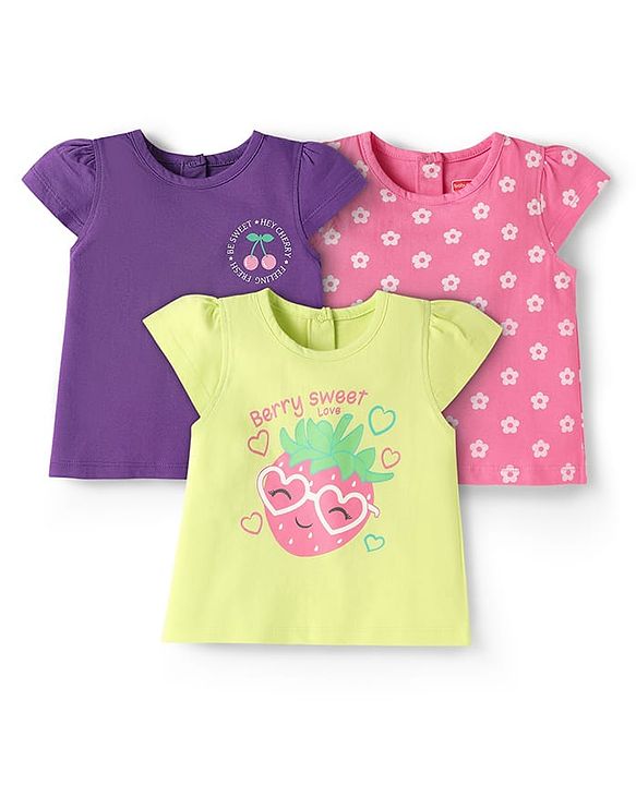 Babyhug Cotton Knit Cap Sleeves T-Shirts with Floral & Fruits Print Pack of 3 - Purple Pink & Limegreen