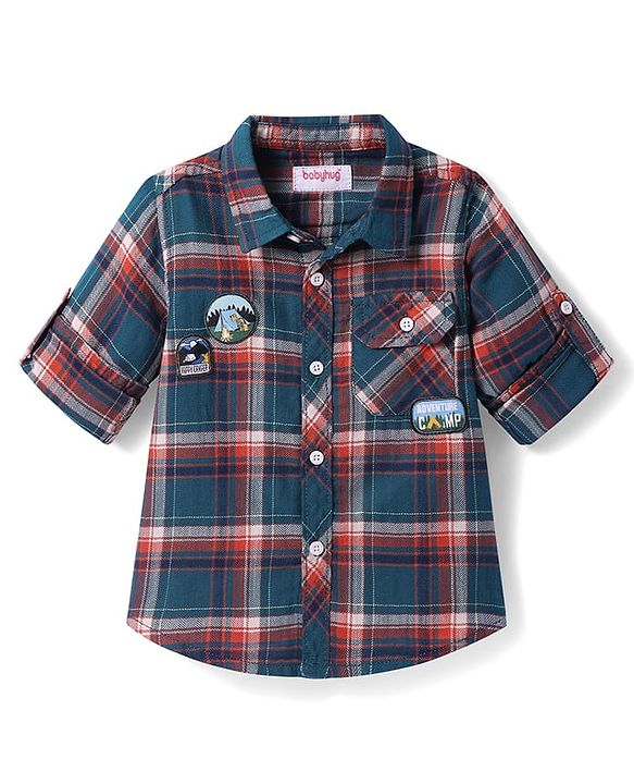 Babyhug 100% Cotton Woven Full Sleeves Checks Shirt - Dark Green