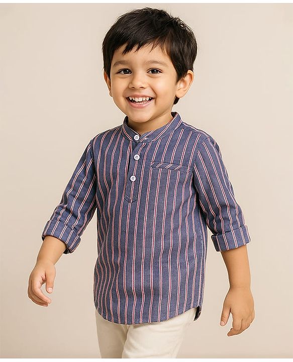 Babyhug 100% Cotton Woven Full Sleeves Mandarin Collar Stripe Kurta Shirt - Charcoal Grey