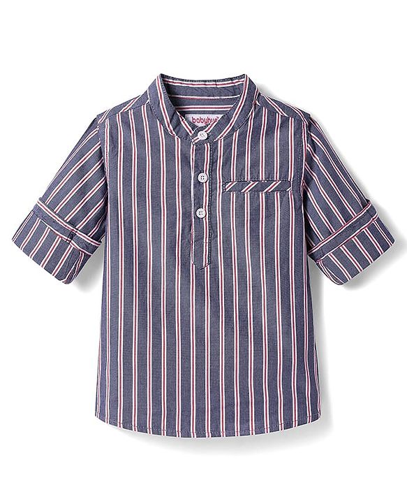 Babyhug 100% Cotton Woven Full Sleeves Mandarin Collar Stripe Kurta Shirt - Charcoal Grey
