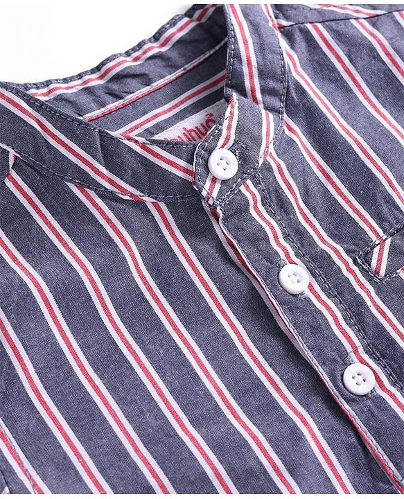 Babyhug 100% Cotton Woven Full Sleeves Mandarin Collar Stripe Kurta Shirt - Charcoal Grey