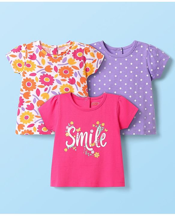 Babyhug Cotton Knit Half Sleeves T-Shirts with Floral & Polka Dots Print Pack of 3 - Pink White & Lavender