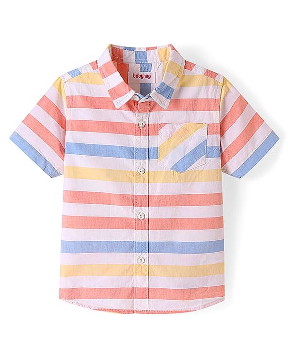 Babyhug Cotton Woven Half Sleeves Striped Shirt - White Yellow & Blue