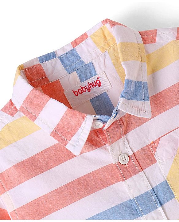 Babyhug Cotton Woven Half Sleeves Striped Shirt - White Yellow & Blue