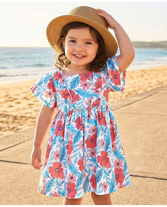Babyhug Single Jersey Knit Half Sleeves Dress With Floral Print - Light Blue