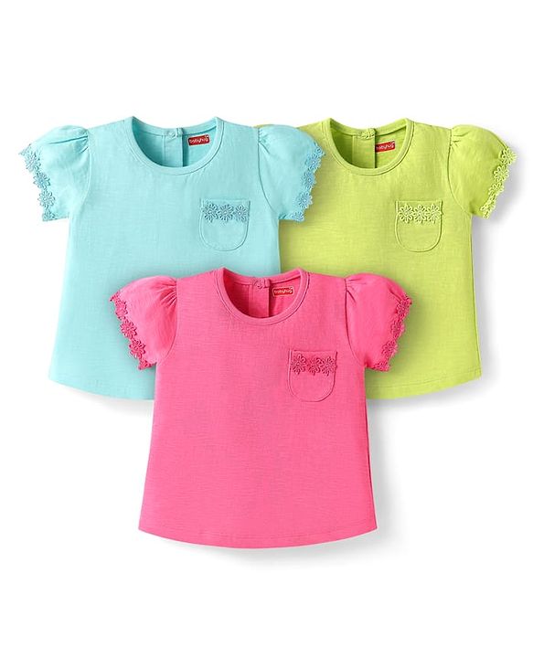 Babyhug Cotton Knit Half Sleeves T-shirts With Floral Lace Detailing Pack Of 3 - Light Blue & Dark Pink