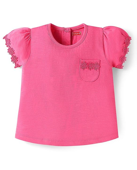 Babyhug Cotton Knit Half Sleeves T-shirts With Floral Lace Detailing Pack Of 3 - Light Blue & Dark Pink