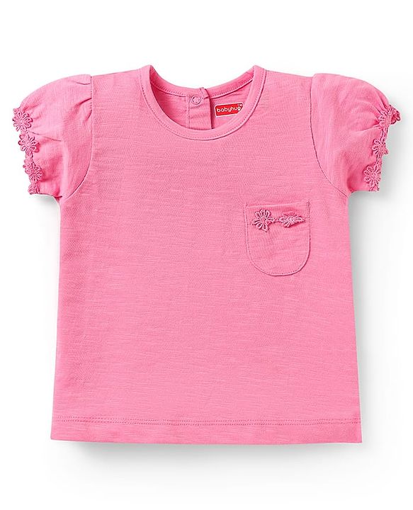 Babyhug Cotton Knit Half Sleeves T-Shirts with Floral Embroidery Pack of 3 - Pink Lilac & Limegreen