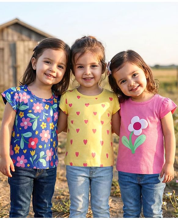 Babyhug Cotton Knit Cap Sleeves T-Shirts with Floral & Hearts Print Pack of 3 - Yellow Blue & Pink