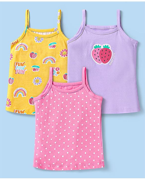 Babyhug 100% Cotton Single Jersey Knit Sleeves Antibacterial Slips With Polka Dots & Rainbow Print Pack Of 3 - Pink Purple & Yellow