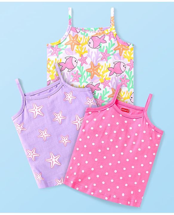 Babyhug 100% Cotton Antibacterial Singlet Slips Pack Of 3 With Polka Dots Star & Fish Print Pack Of 3 - Pink Purple