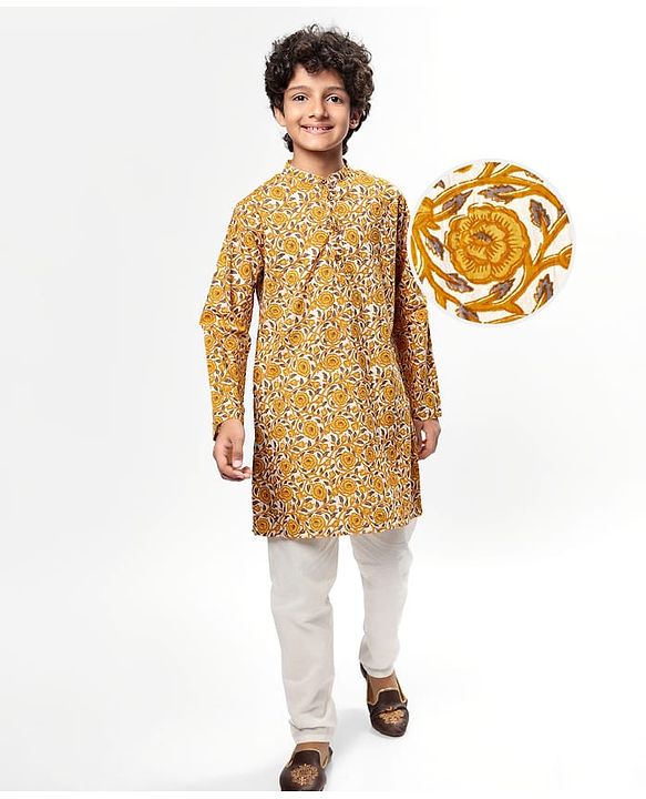 Pine Kids Cotton Woven Full Sleeves Kurta & Pyjama With Floral Print - White & Yellow