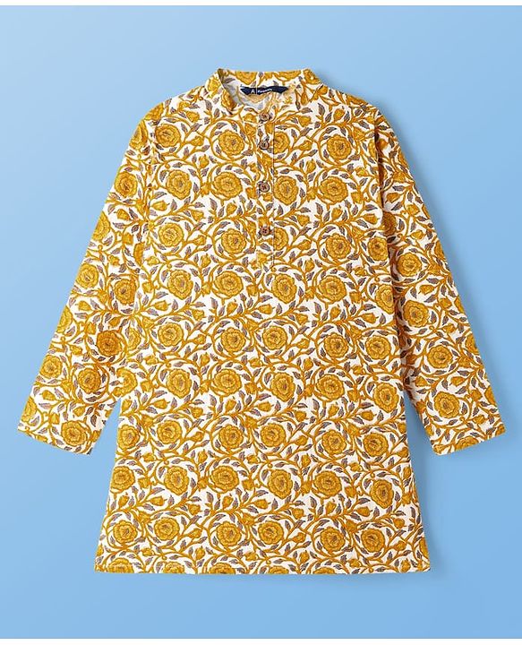 Pine Kids Cotton Woven Full Sleeves Kurta & Pyjama With Floral Print - White & Yellow