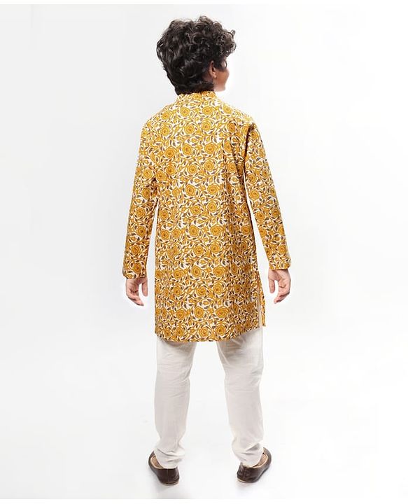 Pine Kids Cotton Woven Full Sleeves Kurta & Pyjama With Floral Print - White & Yellow