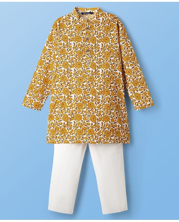 Pine Kids Cotton Woven Full Sleeves Kurta & Pyjama With Floral Print - White & Yellow