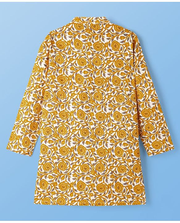 Pine Kids Cotton Woven Full Sleeves Kurta & Pyjama With Floral Print - White & Yellow