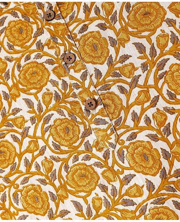 Pine Kids Cotton Woven Full Sleeves Kurta & Pyjama With Floral Print - White & Yellow