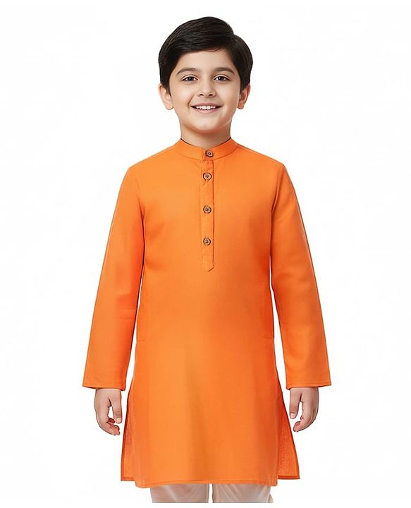 Pine Kids Cotton Woven Full Sleeves Solid Color Kurta - Orange