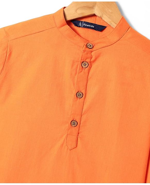 Pine Kids Cotton Woven Full Sleeves Solid Color Kurta - Orange