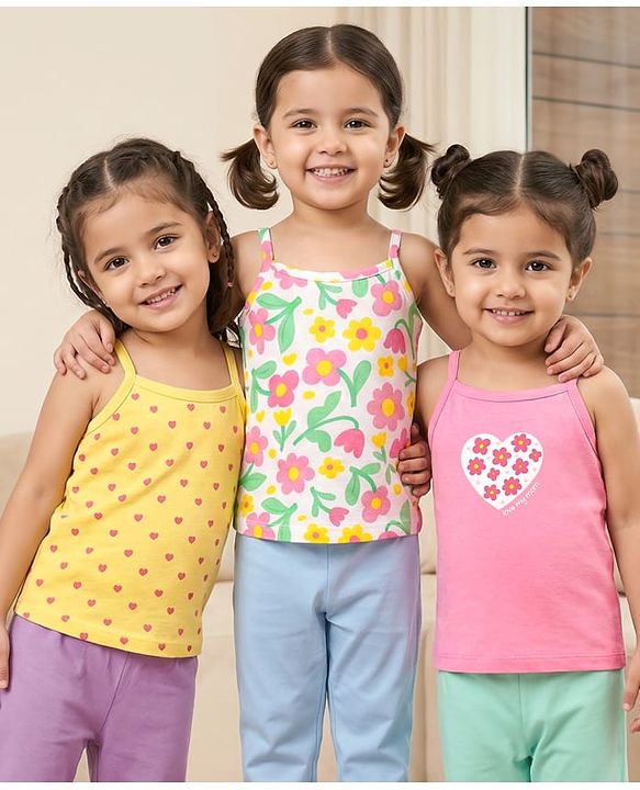 Babyhug Single Jersey Knit Sleeveless  Antibacterial Slips With Heart & Floral Print Pack Of 3 - Yellow Pink & White