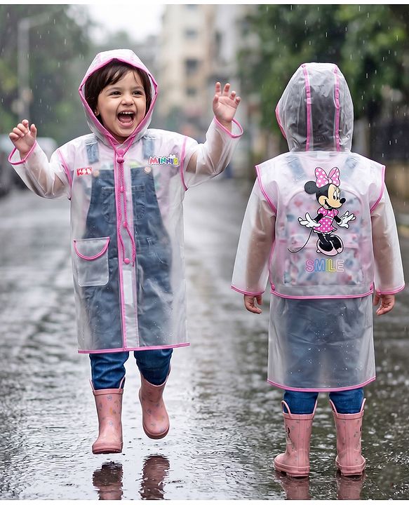 Babyhug Full Sleeves Below Knee Length Raincoat With Minnie Smile Print - White